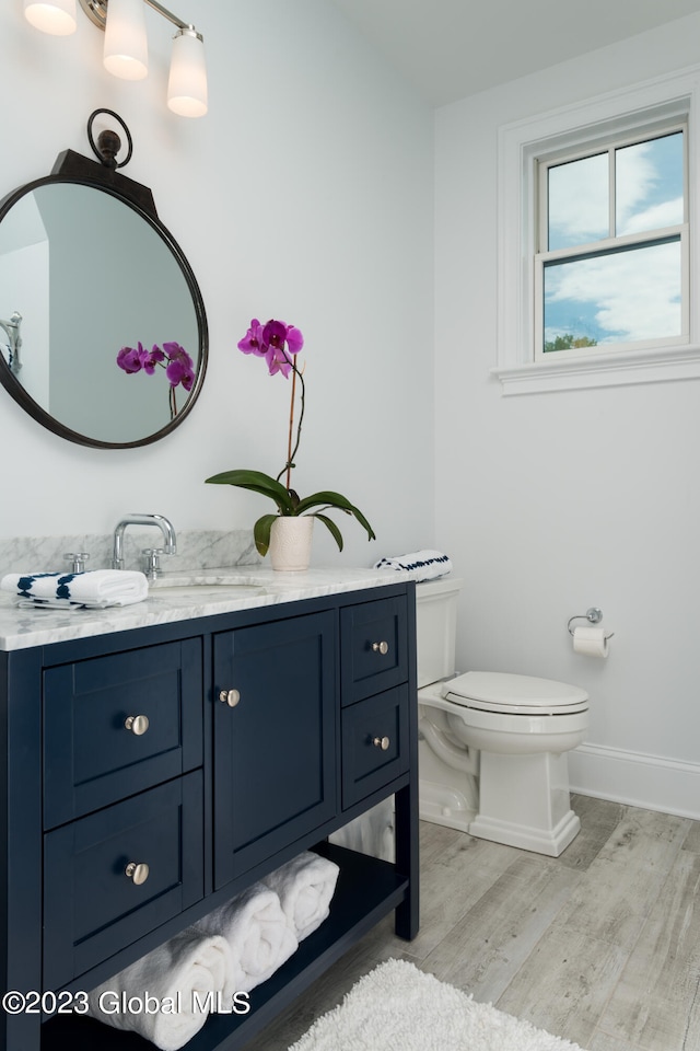 bathroom featuring toilet, hardwood / wood-style floors, and vanity