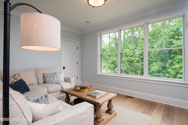 living room with a healthy amount of sunlight, wood-type flooring, and ornamental molding