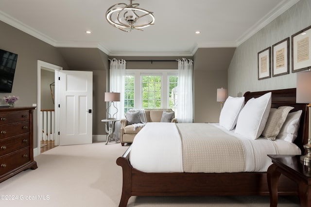 bedroom with crown molding, vaulted ceiling, and light carpet