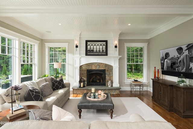 living room featuring ornamental molding, a healthy amount of sunlight, a fireplace, and dark hardwood / wood-style flooring