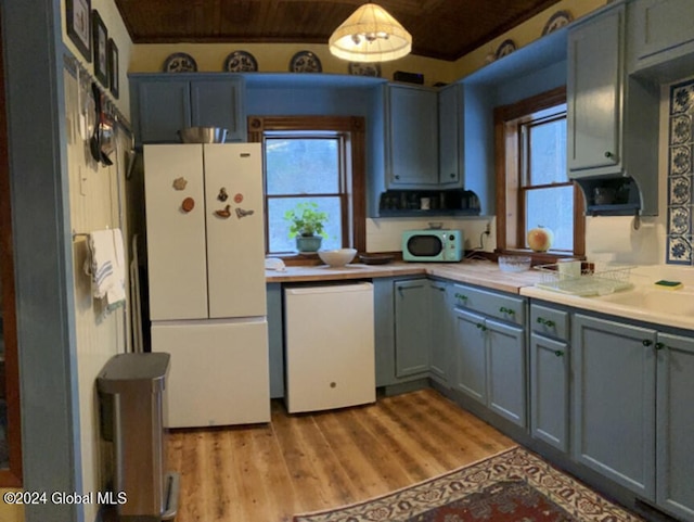 kitchen with gray cabinetry, light hardwood / wood-style flooring, white appliances, and wood ceiling