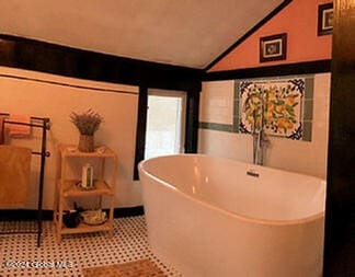 bathroom featuring vaulted ceiling