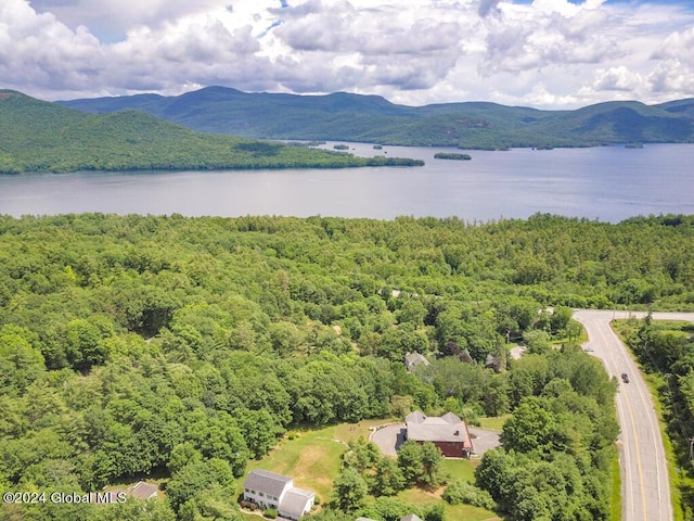 bird's eye view featuring a water and mountain view