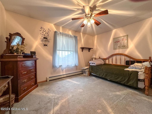 carpeted bedroom featuring a baseboard radiator and ceiling fan