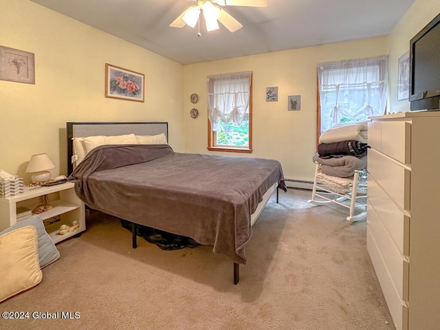 carpeted bedroom featuring ceiling fan and pool table