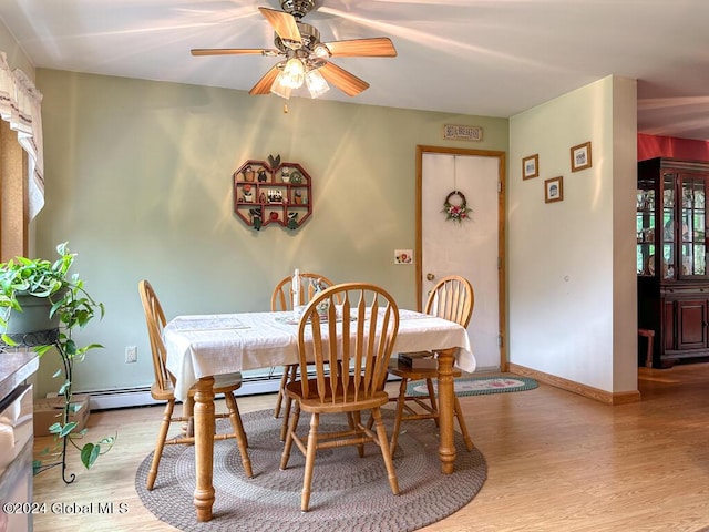 dining room with ceiling fan and light wood-type flooring