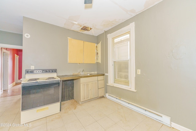 kitchen featuring light brown cabinets, light tile patterned floors, sink, white electric range, and a baseboard radiator