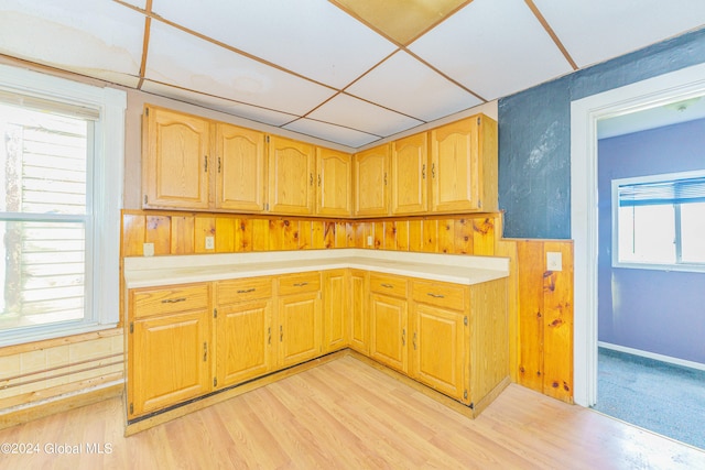 kitchen featuring light wood-type flooring, a healthy amount of sunlight, and wooden walls