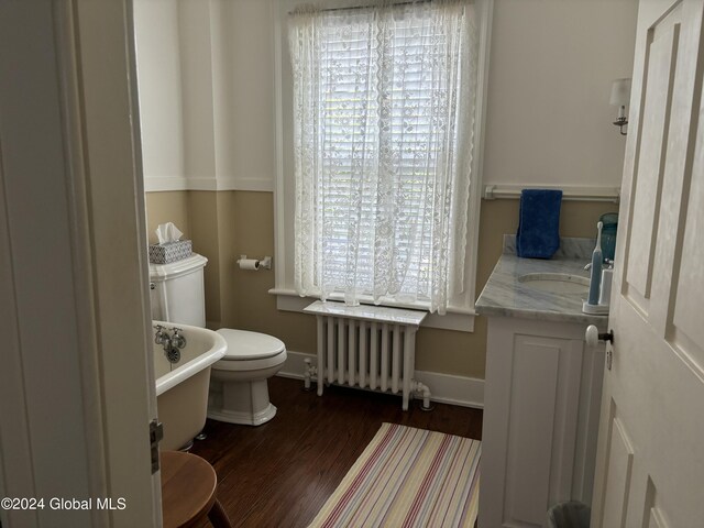113 S William St, Johnstown, NY 12095 - bathroom featuring toilet, vanity, wood finished floors, radiator, and a freestanding bath