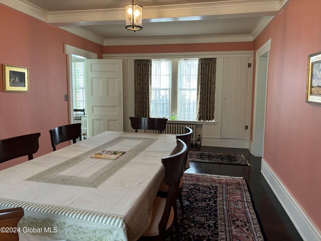 113 S William St, Johnstown, NY 12095 - dining area featuring baseboards, ornamental molding, and dark wood finished floors