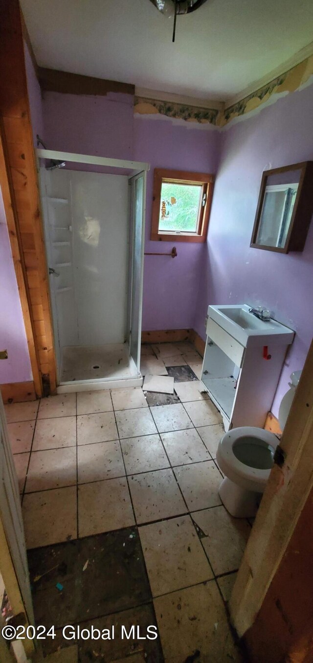 bathroom with tile flooring, toilet, and a shower