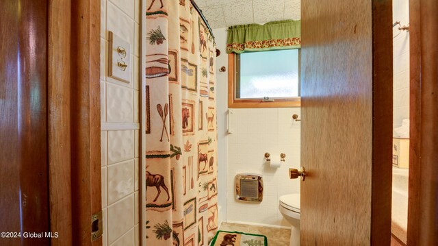 2769 State Route 8 # 2, Speculator, NY 12164 - full bath featuring toilet, curtained shower, tile walls, and tile patterned flooring