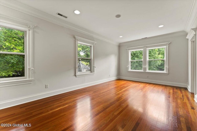 empty room featuring ornamental molding, hardwood / wood-style floors, and a wealth of natural light