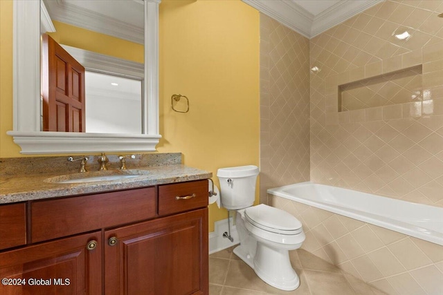 bathroom with vanity, crown molding, tile patterned floors, and toilet