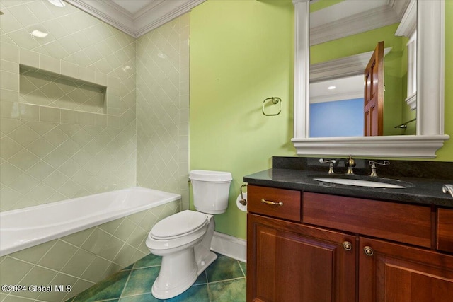 bathroom with ornamental molding, vanity, tile patterned floors, and toilet