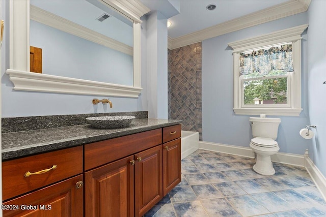 full bathroom with shower / bathing tub combination, vanity, ornamental molding, and toilet