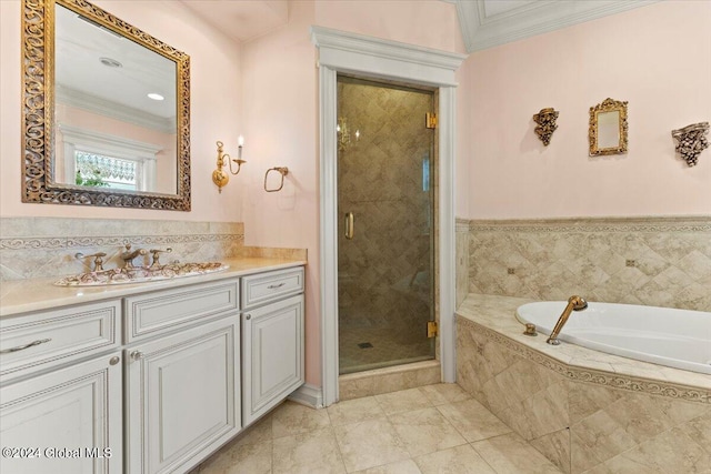 bathroom featuring independent shower and bath, crown molding, and vanity