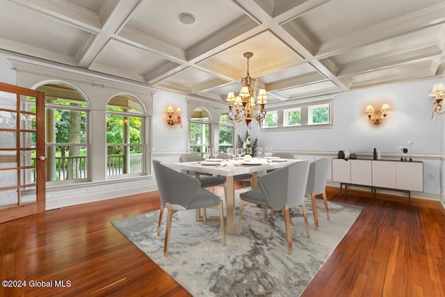 dining space featuring beamed ceiling, coffered ceiling, and a notable chandelier