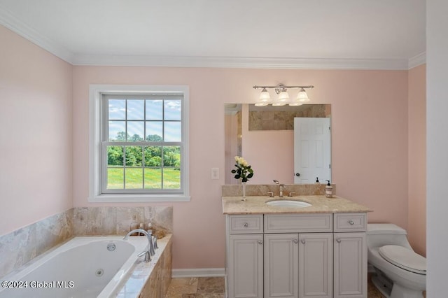 bathroom with oversized vanity, toilet, tile floors, crown molding, and tiled bath