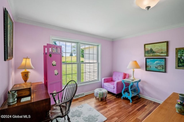 office featuring wood-type flooring and ornamental molding