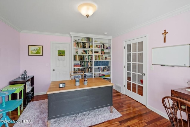 office with dark hardwood / wood-style floors and ornamental molding