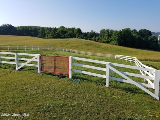 view of gate with a yard and a rural view