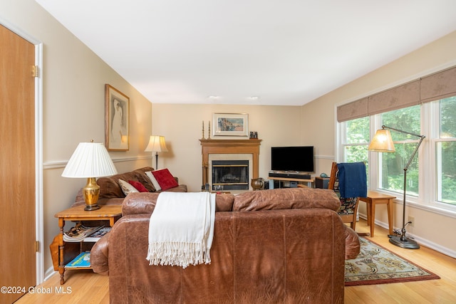 living area with a glass covered fireplace, baseboards, plenty of natural light, and light wood-style floors