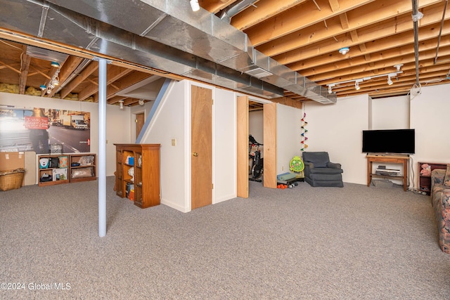 finished basement with visible vents and carpet flooring