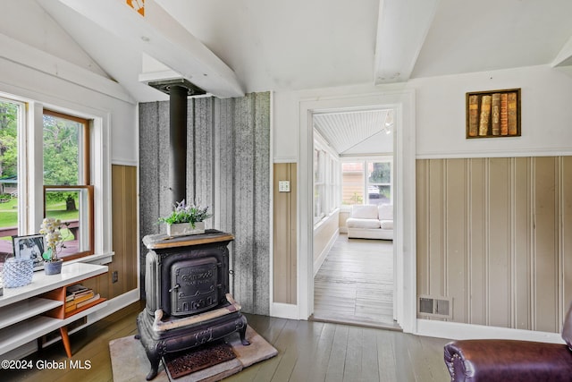 interior space with a healthy amount of sunlight, a wood stove, and hardwood / wood-style floors