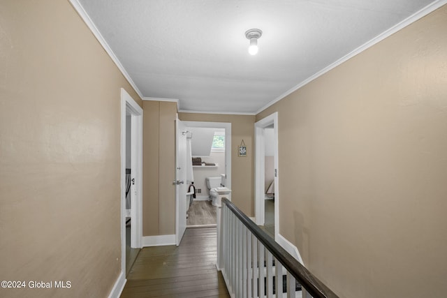 hall featuring dark hardwood / wood-style floors and ornamental molding