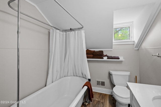 bathroom with wood-type flooring, vanity, and toilet