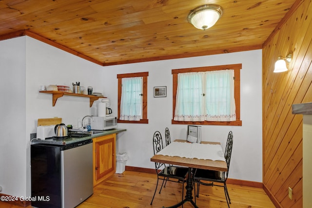 kitchen with wooden ceiling, sink, refrigerator, and light wood-type flooring