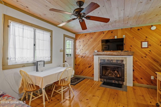 dining area featuring light hardwood / wood-style floors and wood ceiling