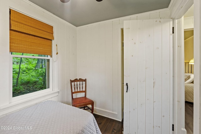 bedroom featuring dark wood-type flooring and ceiling fan