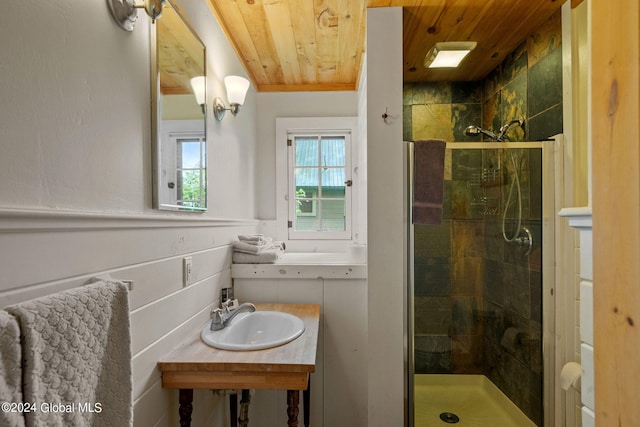 bathroom with walk in shower, vanity, and wood ceiling