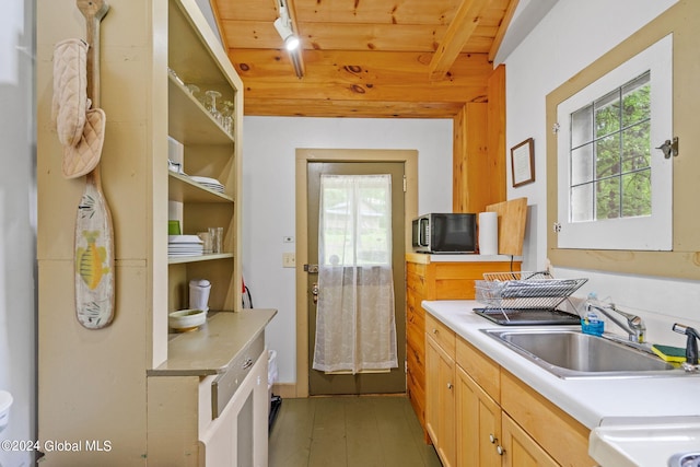 kitchen featuring lofted ceiling with beams, light wood-type flooring, wooden ceiling, sink, and light brown cabinets