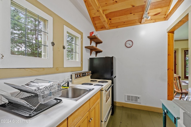 kitchen with sink, white range with electric stovetop, wood ceiling, and lofted ceiling