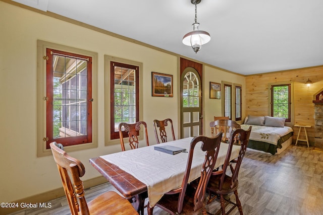 dining area featuring wood walls, hardwood / wood-style floors, and ornamental molding