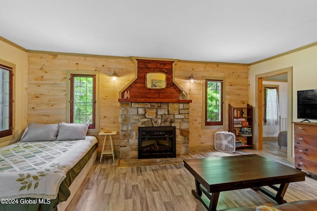 living room featuring wood walls, hardwood / wood-style floors, and a fireplace