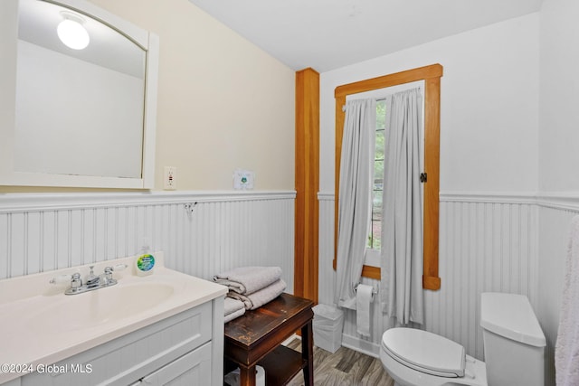 bathroom featuring wood-type flooring, toilet, and vanity