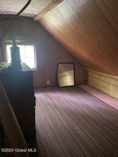 302 Edwards Hill Rd, Johnsburg, NY 12811 - bonus room with wood walls, carpet floors, wood ceiling, and lofted ceiling