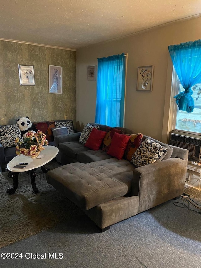 living room featuring a textured ceiling, carpet flooring, and a wall unit AC