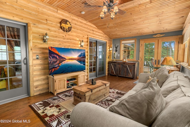 living room with wooden ceiling, ceiling fan, french doors, and rustic walls