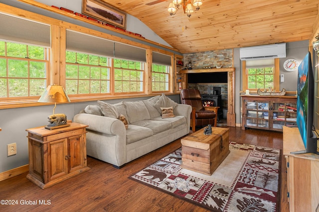 living room featuring a wealth of natural light, wood ceiling, a wood stove, dark hardwood / wood-style flooring, and a wall mounted air conditioner