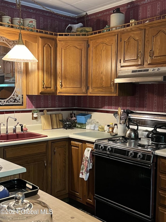 kitchen with hanging light fixtures, gas stove, and sink