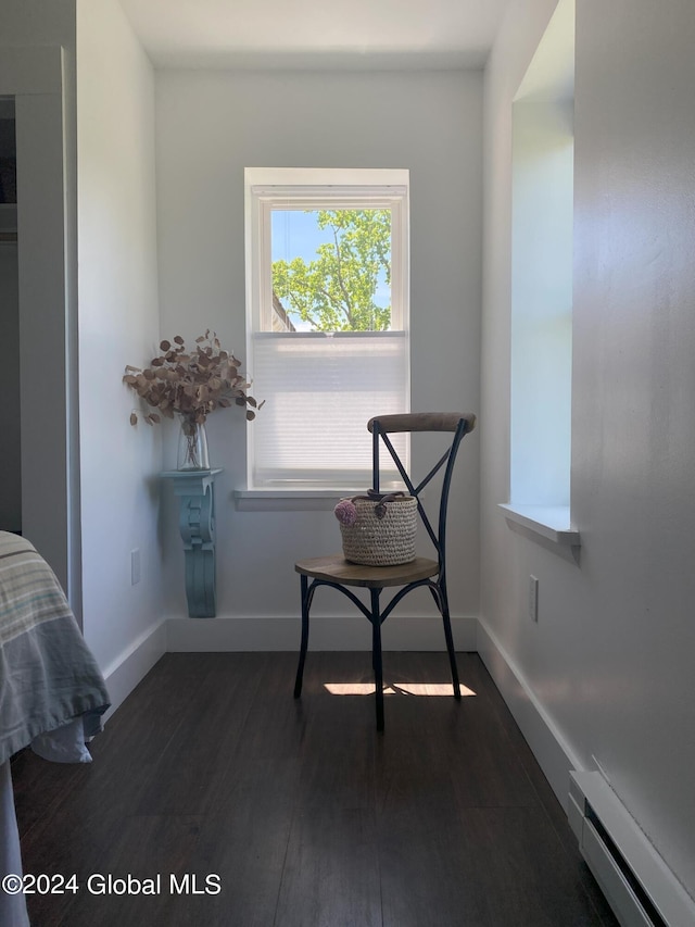 living area with a baseboard heating unit, dark wood-style flooring, and baseboards