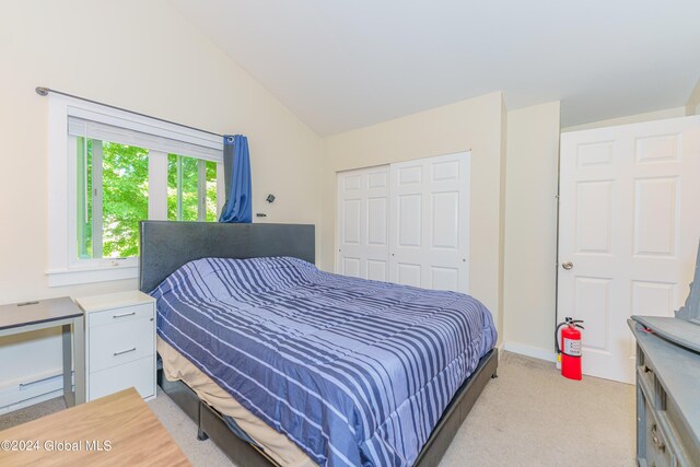 carpeted bedroom featuring a closet and high vaulted ceiling