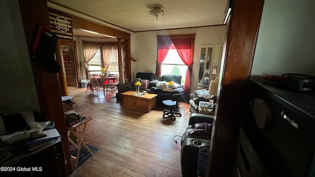 miscellaneous room with light hardwood / wood-style floors and ornamental molding