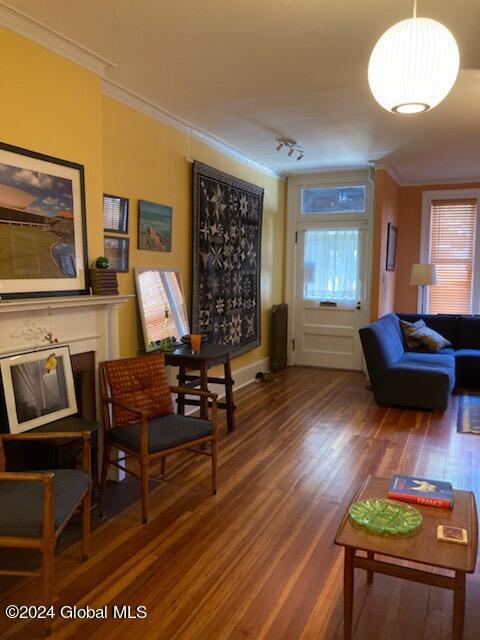 interior space with ornamental molding, track lighting, and wood finished floors