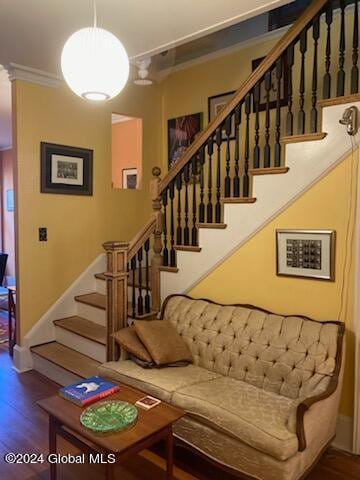 living room featuring crown molding and wood-type flooring